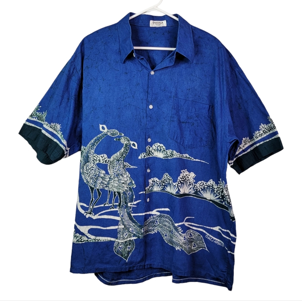 Laksala Sri Lanka Batik Bird Button-Front Short Sleeve Shirt Size XL